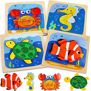 4-Pack Toy Life Wooden Toddler Puzzles (Sea Animals) $7.48 ($1.87 each) + Free Shipping w/ Prime or on $35+