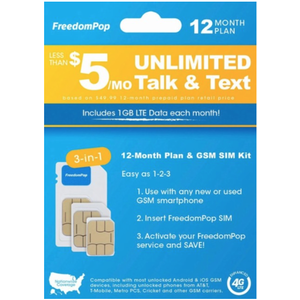 FreedomPop GSM Plans: Unlimited Talk/Text/1GB LTE Data: 3-Months  $15 + Free Store Pickup