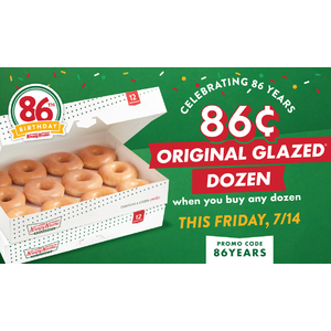 Krispy Kreme is offering a dozen donuts for 86 CENTS on Friday  July 14th,2023 with purchase of one Dozen using Promo Code 86YEARS