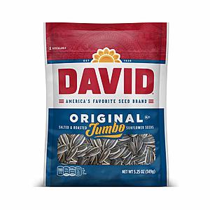 12pk DAVID SEEDS Roasted and Salted Original Jumbo Sunflower Seeds, 5.25 Oz $6.81 AC + 15% or $7.86  AC + 5% Subscribe and Save with Free Shipping w/Prime or $25+ Order at Amazon