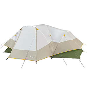 Slumberjack 3-Season Tents: Riverbend 10-Person 3-Room Hybrid Dome Tent $55.00, Aspen Grove 8-Person 2-Room Hybrid Dome Tent $50.00 (Off-White / Green)