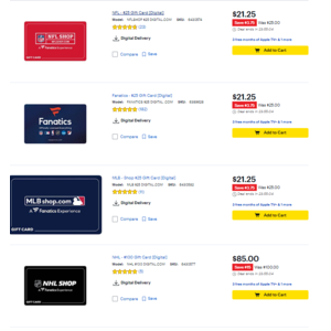 Sports Fanatics E-Gift Cards Sale: NFL Shop, MBL Shop, Fanatics $25 for $21.25 & More