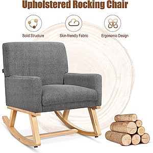 Giantex Upholstered Rocking Chair w/ Fabric Padded Seat & Solid Wood Base (Gray) $140 + Free Shipping
