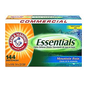 864 Count (6 Packs Of 144) Arm & Hammer Essentials Dryer Sheets Mountain Rain Scent $12