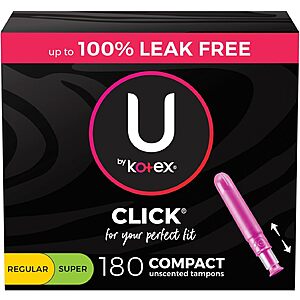 180-Count U by Kotex Click Compact Tampons (Regular & Super) + $6 Amazon Credit for $28.15 w/ S&S + Free Shipping w/ Prime or $35+