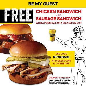 Dickeys BBQ - Free chicken or sausage sandwich with purchase of drink $2.95 exp. 1/28/22