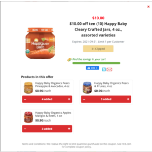 YMMV select accounts - 10 FREE Happy Baby Clearly Crafted 4oz Baby Food Jars @H-E-B B&M (online or in-store)