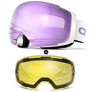 Odoland Magnetic Interchangeable Ski Goggles with 2 Lens, Large Spherical Frameless Snow Snowboard Goggles for Men Women, White Frame Purple Lens vlt 25% $7.81 at Amazon