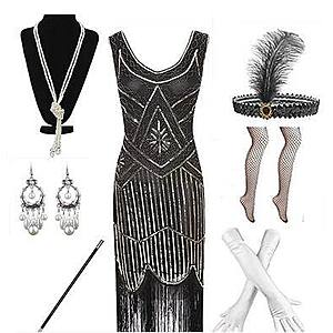 10Pcs/Set Women's 1920s Vintage Flapper Tassel Beaded Gatsby Party Dress Costume  Dress with Accessories Set  (Various Colors) $37.39 +Free Shipping
