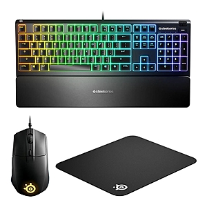 SteelSeries Level Up Gaming Bundle Apex 3 Keyboard, Rival 3 Wired Mouse, QcK Medium Mouse Pad - $26.98