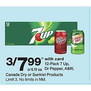 7-UP, Dr. Pepper, A&W- 3 for -$7.99 @ Wal-Greens. YMMV