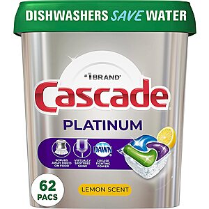 Cascade Platinum Dishwasher Pods Lemon, 62 Count. 2 for $22.92
