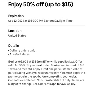 YMMV - Enjoy 50% Off (Up To $15) on Uber Eats for Wendy's w/ Promo Code 'RIGGITYRIGGITYWRECKED'