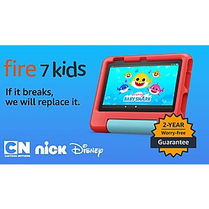 Amazon Fire 7 Kids tablet, ages 3-7. Top-selling 7" kids tablet on Amazon - 2022 | 6-months of ad-free content with parental controls included, 10-hr battery, 16 GB, Red $49.99