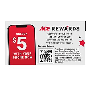 Ace Hardware: Free $5 off $5 Coupon: Download Ace Hardware App and link your account.