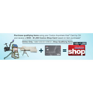 Costco Shop Card Promotion (purchase via Costco Anywhere Visa required). Get $100-$1,200 shop card based on item purchased for eligible items. Valid through 5/28.
