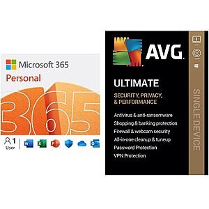Microsoft 365 Bundles (Digital Downloads): 1-Year Microsoft 365 Personal + 1-Year AVG Ultimate $40 & More