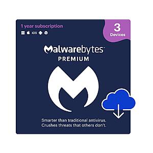 1-Year Malwarebytes Premium Security Software (3 Devices, Digital Download) $17 & More