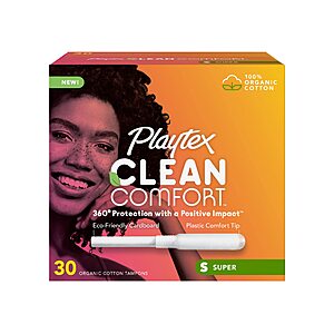 30-Count Playtex clean Comfort Organic Cotton Tampons (Super) $4.39 w/ S&S + Free Shipping w/ Prime or on $35+