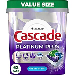 62-Count Cascade Platinum Plus ActionPacs Dishwasher Detergent Pods (Fresh) $15.30 + Free Shipping w/ Prime or on $35+