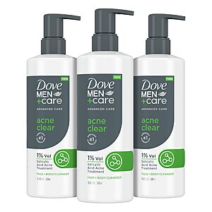3-Count 16.9-Oz Dove MEN + CARE Advanced Care Face + Body Cleanser Wash (Acne Clear) $13.48 w/ S&S + Free Shipping w/ Prime or on $35+