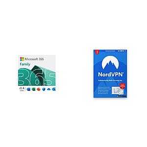 Digital Download: Microsoft 365 Family 1-Year Subscription (6 Users) + NordVPN Internet Privacy 1-Year Subscription (6 Devices) $65
