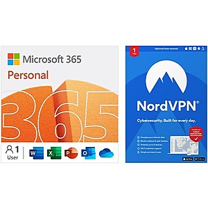 Digital Download: 1-Year Microsoft 365 Personal + 1-Year NordVPN Subscription $38