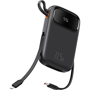 Baseus 22.5W 10000mAh Portable Power Bank w/ Built-In USB-C/Lightning Cable $18