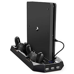 Vertical Stand for PS4 Slim / PS4 with Cooling Fan Dual Controller Charging Station 3 Extra USB Port - Black for $12.91