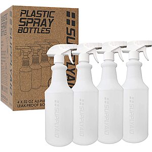 SupplyAID RRS-PSB32-4 HDPE Heavy Duty Leak Proof, Plastic Spray Bottles, with Adjustable Non-Clogging Nozzle, For Commercial, Industrial, Household and Gardening Use, Mea - $4.53