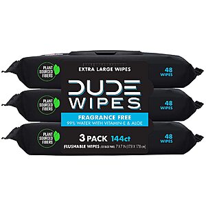 3-Pack 48-Count DUDE Wipes w/ Vitamin E & Aloe (Unscented, XL) $4.74 ($1.58/pack) w/ S&S + Free Shipping w/ Prime or on $35+