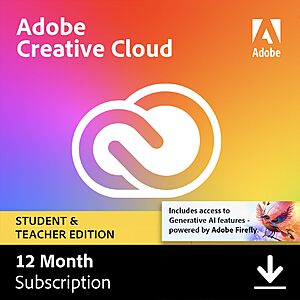 Amazon Prime Members: 12-Month Adobe Student & Teacher Edition Creative Cloud Subscription w/ Auto-Renewal (Digital Delivery) $160