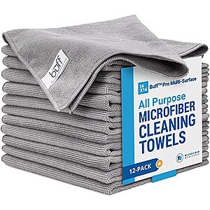 Buff Microfiber Cleaning Cloths (12 Pack) | Size 16" x 16"| All Purpose Microfiber Towels - Clean, Dust, Polish, Scrub, Absorbent $19.98