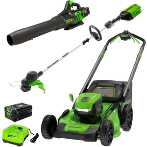 Greenworks 80V 21” Lawn Mower, 13” String Trimmer, and 730 Leaf Blower Combo with 4 Ah Battery & Charger) 3-piece combo Green 1345202 - Best Buy $699.99
