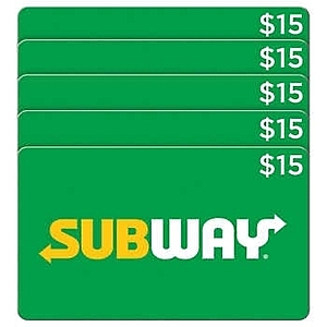 Costco Subway Five Restaurant $15 E-Gift Cards ($75 Value) - $54.99