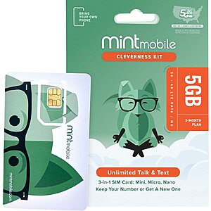 Mint Mobile $20 BestBuy Gift With Purchase of 3,6,12 Mo.  5-20GB Monthly NO Unlimited. 5GB/mo 3Months Service $25 / $8.40mo after GC.