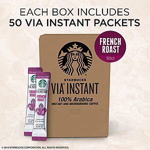 50-Pk 0.11oz Starbucks VIA Dark Roast Instant Coffee Packets (French Roast) $24.75 w/ Subscribe & Save