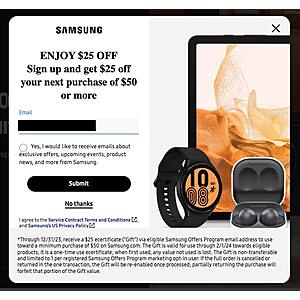 Samsung EDU/EPP: $25 off $50+ promo code if you join mailing list (YMMV)