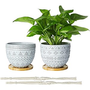 POTEY Geometrical Ceramic Planter - 5 Inch Decorative Hanging Plant Pot with Drainage Hole and Bamboo Saucer Set of 2 from $15.49 + Free Shipping w/ Prime or on orders $25+