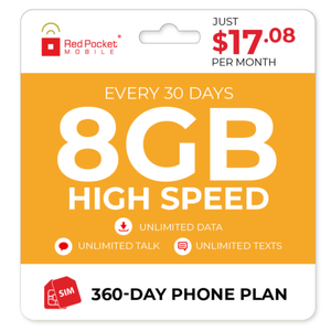 360-Day Red Pocket Prepaid Plan: Unlimited Talk & Text + 8GB LTE / Month $205 + Free Shipping