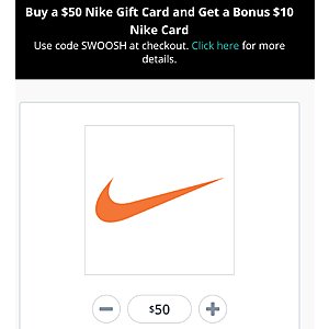 $50 Nike Gift Card (Digital Delivery) + $10 Bonus for $50; $50 Express Gift Card (Digital Delivery) for $40 and More at gyft.com