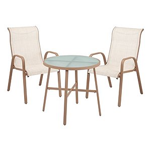 3-Piece Mainstays Mirabell Patio Bistro Set (2 Sling Mesh High Back Chairs & 28" Round Frosted Glass Top Table) $56.31 + Free Shipping