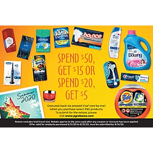 Get a $15 VISA prepaid card when you spend $50 on P&G products! Or a $5 GC with a $20 purchase!
