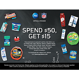 Get a $15 VISA prepaid card when you spend $50 on select P&G products!