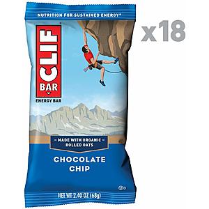 CLIF BAR - Energy Bars - Chocolate Chip - (2.4 Ounce Protein Bars, 18 Count) via Amazon $4.50