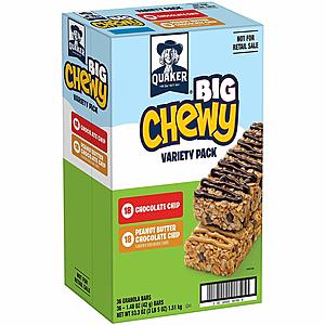 Prime Members: 36-Ct. Quaker Big Chewy Variety Pack $9.09 5% or $7.79 15% AC w/s&s