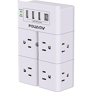 POWSAV 8-Outlet + 4x USB Surge Protector Outlet Extender (3x Type-A, 1x Type-C) $10