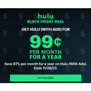 1-Year of Hulu w/ Ads Subscription for New/Eligible Returning Subscribers $1/Month (Valid thru 11/28)