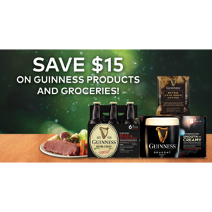 Guinness 15$ Back 1/01/2022 – 3/31/2022 Offer on $15.01 Groceries + Beer Purchase on ONE RECIEPT.  *Some States excluded