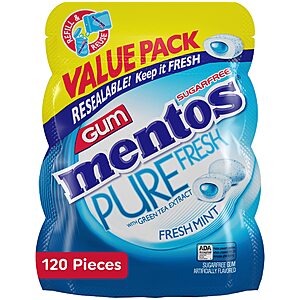 120-Count Mentos Pure Fresh Sugar-Free Chewing Gum with Xylitol (Fresh Mint) $3.79 w/ S&S + Free Shipping w/ Prime or $35+